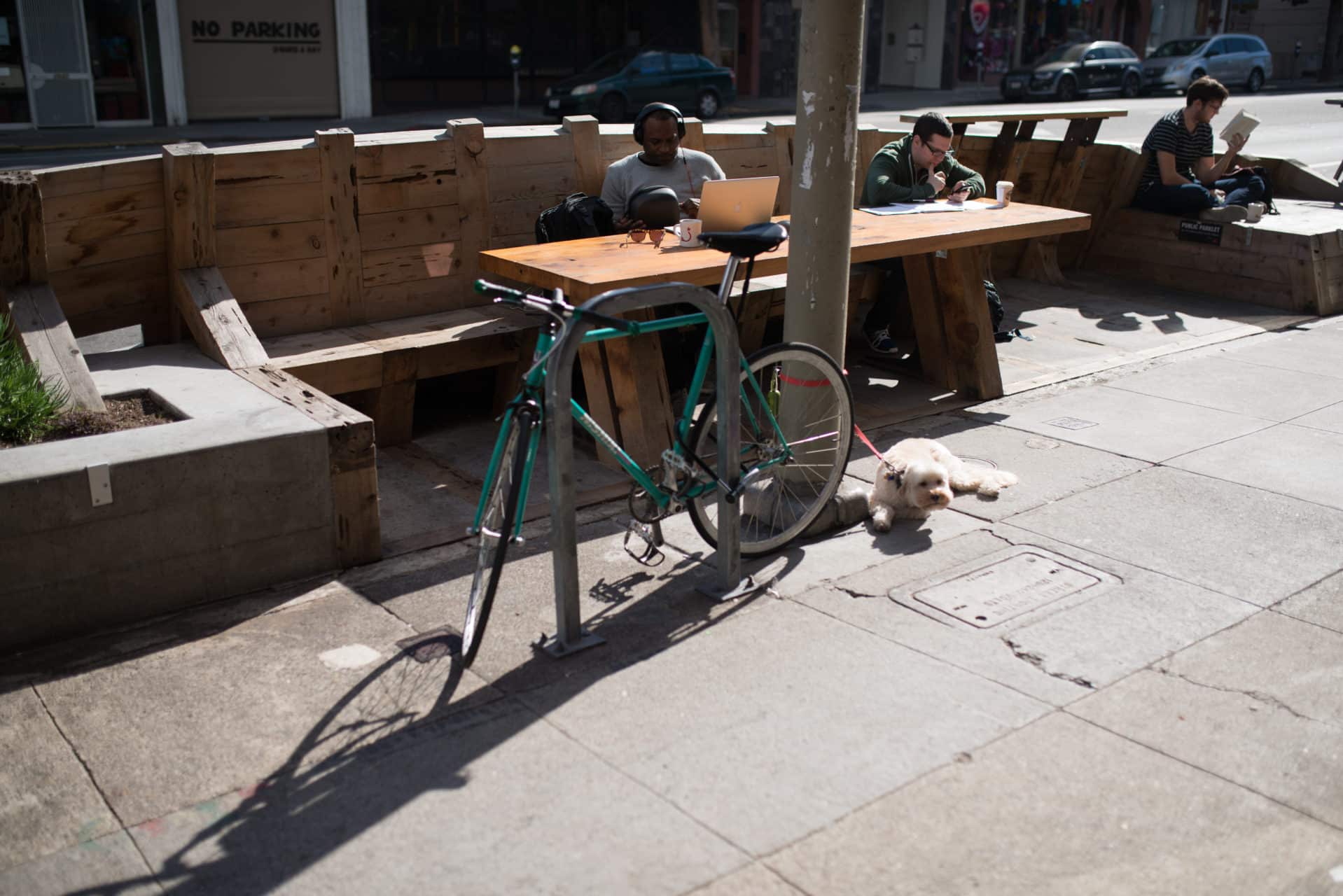 People sitting at the outside parklet