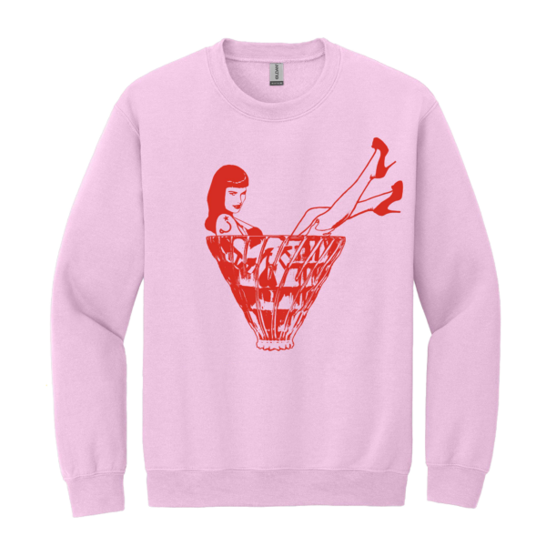 Pink sweatshirt with a pin-up sitting in a v60 illustration in red
