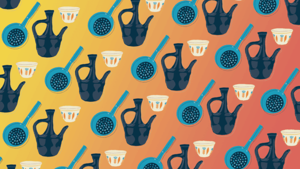 Illustrative pattern of a cini, jebena, and menkeshkesh used in a Ethiopian coffee ceremony.