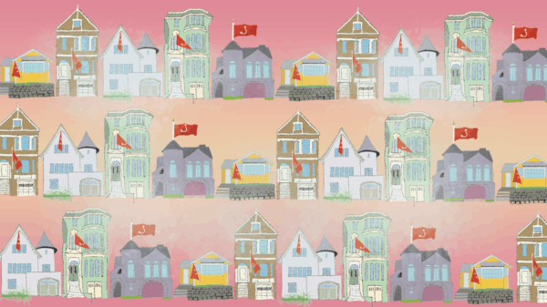 Illustrated pattern of houses with a Ritual red flag