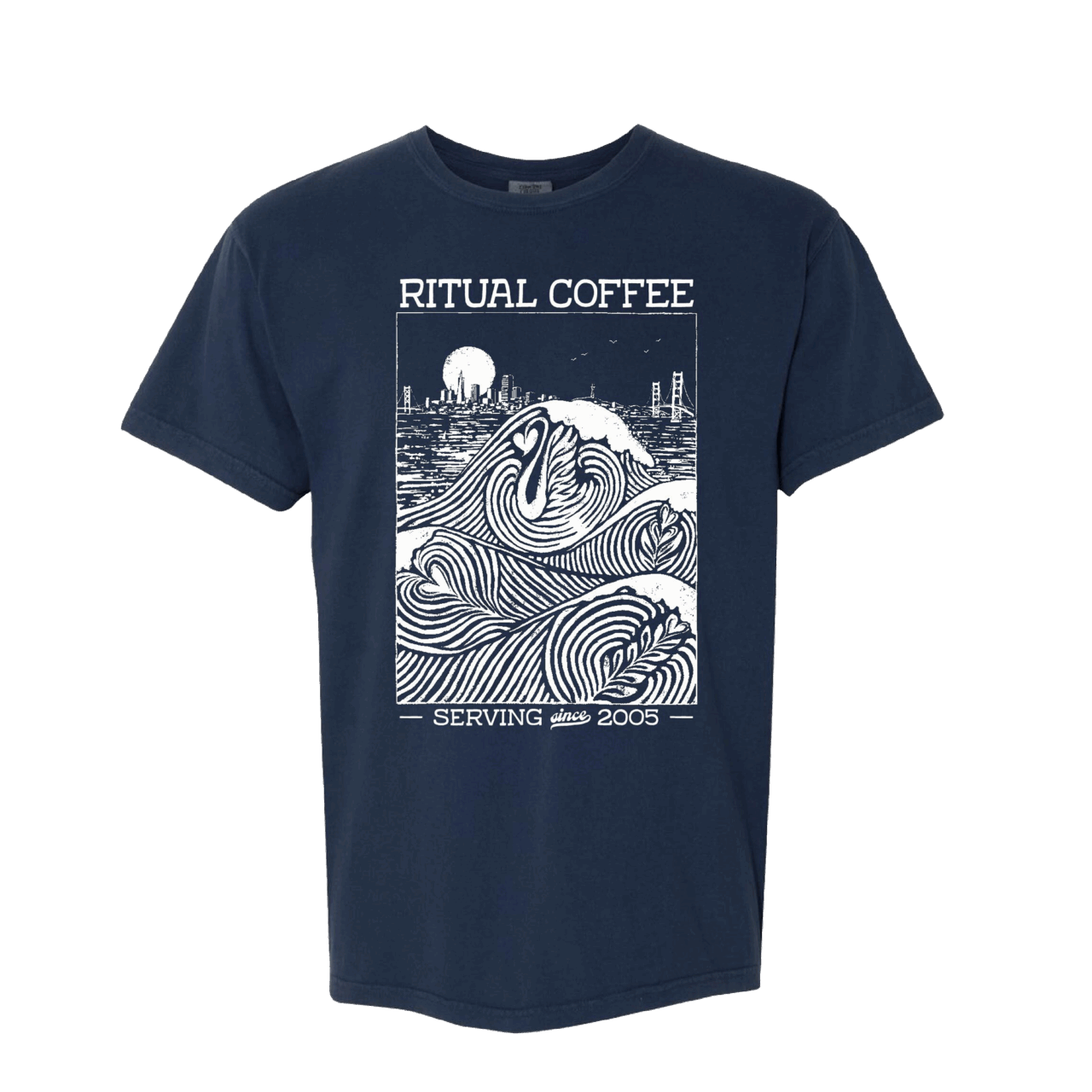 Navy shirt with illustration of waves forming latte art