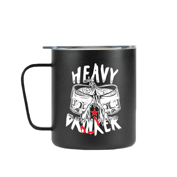 A black camp mug that says "heavy drinker"
